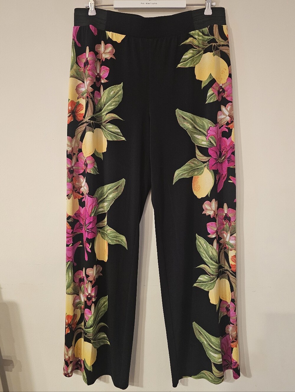 Lemons Tropical Floral Black Wide Leg Jersey Knit Pull On Pants INC XL